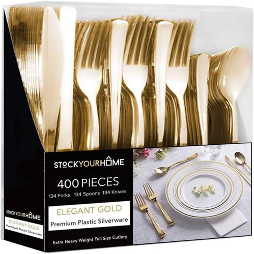 Miniatura 9 de Juego de cubiertos de plástico resistente (dorado) de 75 piezas, juego de cubiertos desechables, ideal para fiestas, bodas y catering, cubiertos
