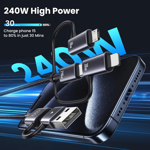 Miniatura 6 de Cable de carga múltiple de 240 W, cable USB C 6 en 1 de 4 pies, cables de carga rápida con puertos USB-C/A a conectores IP/tipo C/micro