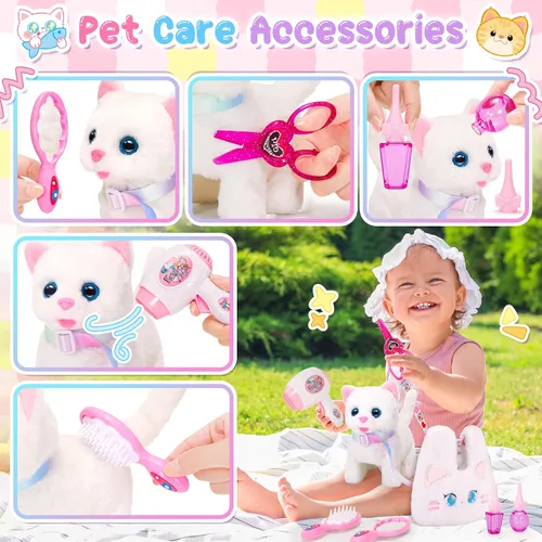 Miniatura 3 de NINAOR Juguetes interactivos para gatos para niños con bolsas bandolera, peluche de gato con correa para caminar y maullar, juguete de robot gatito