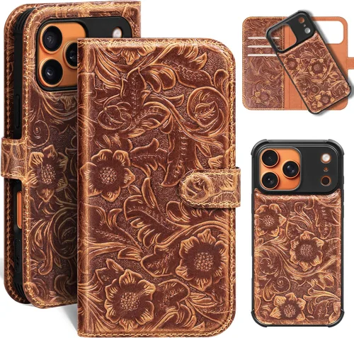 Miniatura 23 de Funda de cuero compatible con iPhone 16 Pro Max Cartera 6.9", cuero genuino 2 en 1, magnética, desmontable, a prueba de golpes, funda tipo folio