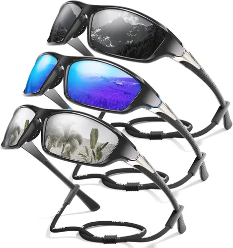 Miniatura 18 de Paquete de 3 lentes de sol deportivos polarizados para hombres, gafas de sol masculinas envolventes con protección UV para ciclismo, pesca