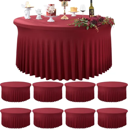 Miniatura 21 de Paquete de 6 manteles redondos de elastano azul bebé para mesa de 60 pulgadas, manteles elásticos de 120 pulgadas ajustables de 5 pies, manteles