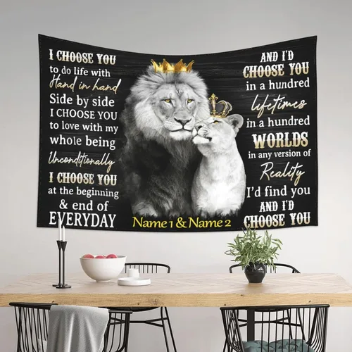 Miniatura 3 de Tapiz de rey león y reina con corona, con nombre personalizado, citas románticas en blanco y negro, con texto en inglés "I Choose You", tapiz