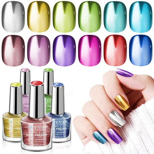 SAVILAND Esmalte de uñas metálico con base y capa superior: Juego de esmalte de uñas cromado de 12+2 colores, con brillo espejo, holográfico, Cromo
