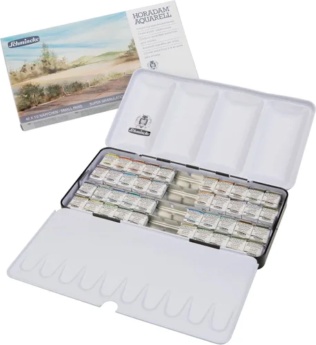 Schmincke - HORADAM® AQUARELL, surtido completo de 40 medios recipientes de acuarelas de granulación súper fuerte, 74 440 097, caja de metal,