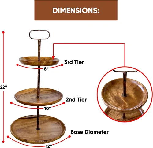 Miniatura 5 de Soporte de exhibición de madera de acacia de 3 niveles, torre rústica para cupcakes, servidor de postres y aperitivos, apilador de queso