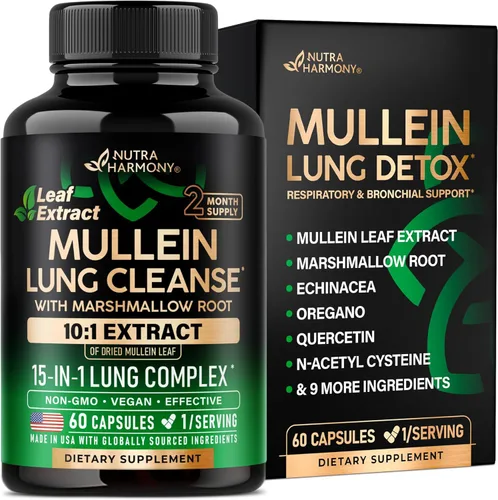 Mullein Lung Detox - Extracto de hoja de gordolobo 10:1 - Raíz de malvavisco | Equinácea | Orégano | Quercetina | NAC - Suplemento 15 en 1 de apoyo