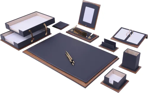 Miniatura 9 de Juego de escritorio de cuero, organizador de cuero, juego de escritorio de madera de nogal, producto de oficina, accesorios de escritorio