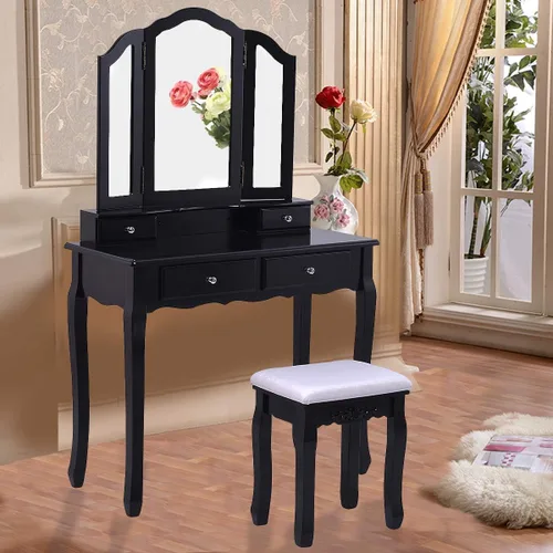 Miniatura 2 de Casart Tri Espejo Plegable Baño Vanidad Maquillaje Mesa Taburete Set Muebles para el Hogar con 4 Caj