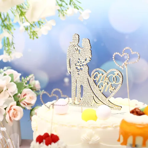 Miniatura 8 de Paquete de 3 decoraciones de tarta de boda Sr. y Sra. con strass, decoración de tarta de boda de metal, decoración de tarta de boda de cristal