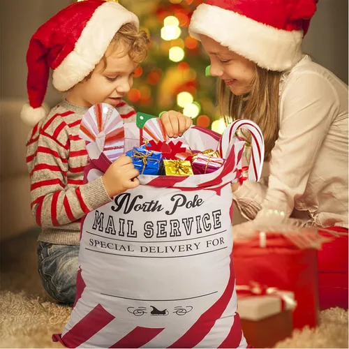 Miniatura 7 de XinblueCo Santa Sack - Paquete de 2 bolsas de lona de Navidad a rayas con cordón, bolsa de regalo personalizada de Navidad, tamaño extra grande