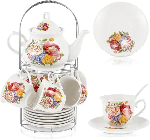 Miniatura 22 de Zhehao Juego de té de porcelana de 20 piezas con soporte de metal y cuchara para adultos, juego de té de cerámica para adultos, pintura de flores
