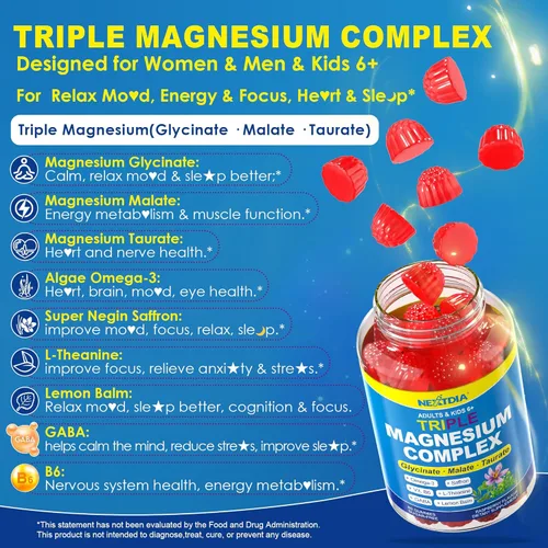 Miniatura 4 de Gomitas de complejo triple de magnesio de 500 mg/250 mg + Omega-3, azafrán para niños de 6 años y adultos, gomitas de magnesio calmadas con teanina