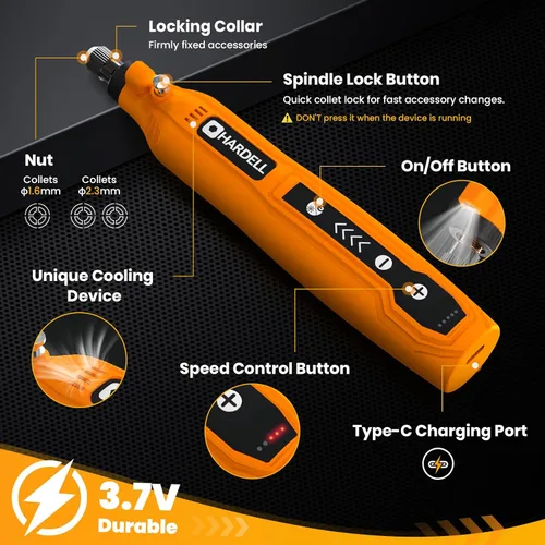 Miniatura 5 de HARDELL Mini herramienta rotativa inalámbrica y 230 accesorios de herramientas rotativas (naranja)