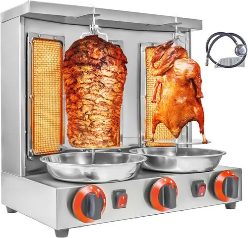 Máquina Shawarma XGN Parrilla de Kebab Vertical Asador Giratorio con 3 Quemadores y 2 Espetos Giratorios Automáticos para Rosticería de Carne, Asado