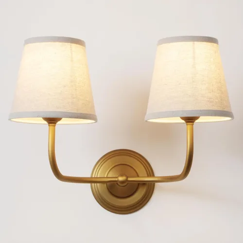 Aplique de pared de tela vintage de 2 luces con pantalla de tela de lino, lámpara de pared de doble brazo para baño, dormitorio, sala de estar, lino