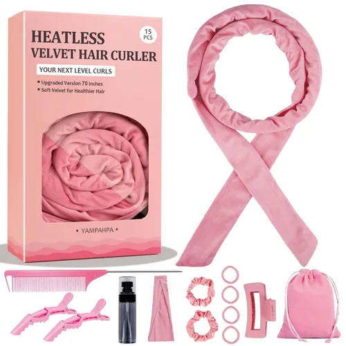 Cintillo para rizos sin calor durante la noche, 177.8 cm de rizador de pelo sin calor para cabello medio largo, color rosado
