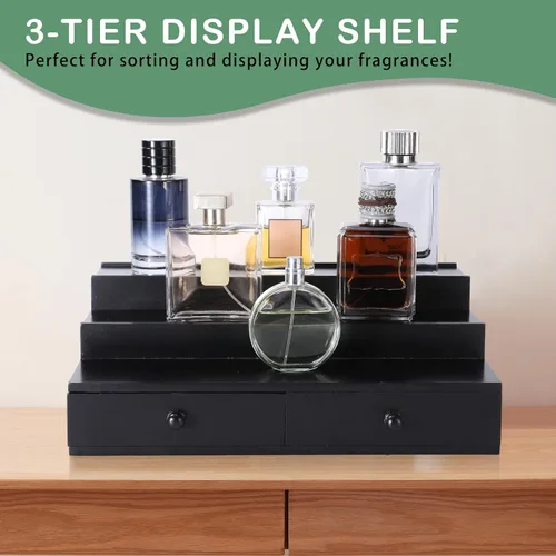 Miniatura 2 de Organizador de colonia Boulphia para hombre, soporte de colonia de 3 niveles con cajón y compartimento oculto, estante de madera para exhibidor