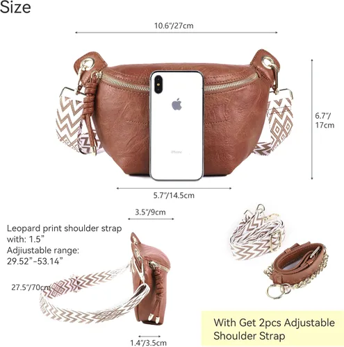 Miniatura 6 de Riñoneras para mujer, bolsos cruzados de moda, bolsos de pecho, bolso de cinturón con 2 correas ajustables, Marrón, Classic