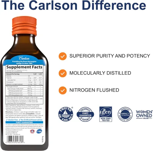 Miniatura 2 de Carlson - El Mejor Aceite de Pescado para Niños, 800 mg de Omega-3, Noruego, Origen Sostenible, Naranja, 200 mL