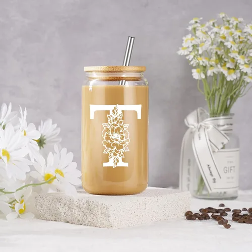 Miniatura 4 de Coolife Vaso de vidrio con inicial, regalos con monograma para mujeres, tazas de vidrio de 16 onzas con tapas y pajitas, vaso de cerveza para batido