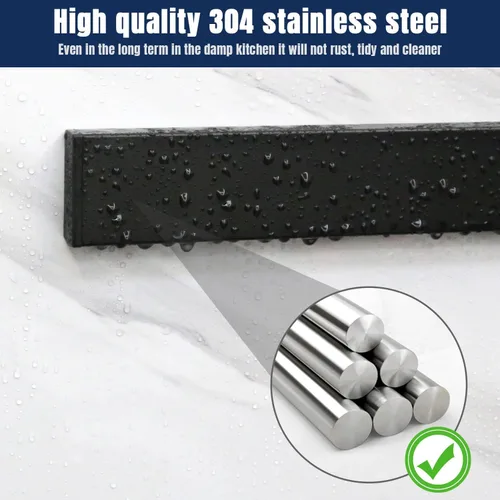Miniatura 7 de Dmore Soporte magnético para cuchillos para pared, con 2 ganchos, tira magnética negra de 10 pulgadas sin perforación, potente estante magnético