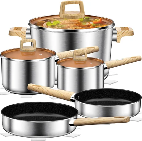 DUTZUN Juego de utensilios de cocina de acero inoxidable, 13 piezas, ollas y sartenes, utensilios de cocina de inducción, juego de cocina de alta
