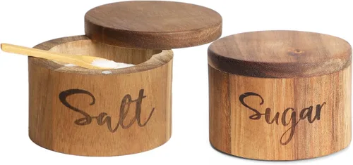 Miniatura 10 de Caja de especias de madera de acacia con cubierta giratoria para encimera de cocina, conservador de sal con cuchara integrada, moderno decorador