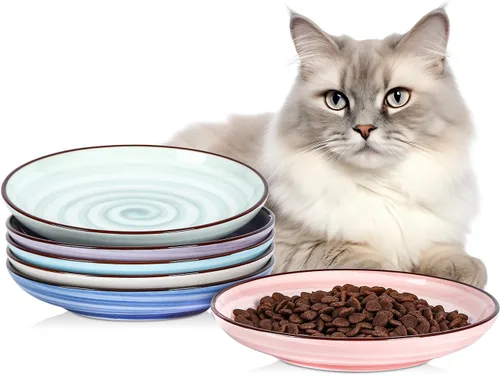 Miniatura 8 de Selamica Cuencos de cerámica para gatos, 6 pulgadas de ancho poco profundos para aliviar la fatiga de los bigotes, juego de 4, colores surtidos