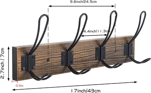 Miniatura 2 de Gancho rústico de pared con 4 ganchos estilo granja - Perchero de madera de pino maciza para toallas y abrigos para baño, entrada, cocina - Marrón