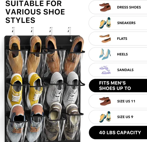 Miniatura 3 de Simple Houseware - Organizador de zapatos colgante con 24 bolsillos grandes y transparentes para colgar en la puerta, color negro