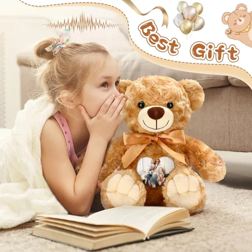 Miniatura 6 de Silipull Recuerdo oso de peluche de terciopelo rosa de 12 pulgadas con grabador de voz marrón, animal de peluche con marco de fotos, regalo