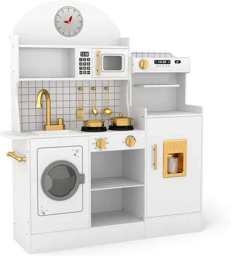JOYLDIAS Cocina moderna de madera, juego de cocina de juguete para niños pequeños con lavadora, refrigerador, microondas, horno, cafetera, luces y