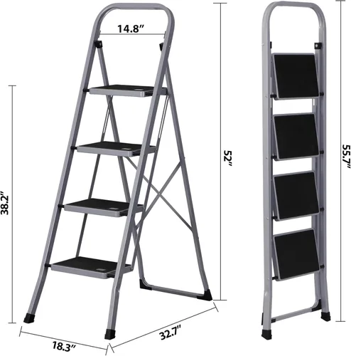 Miniatura 6 de JungleA Escalera de Tijera, Escalera Plegable de 4 Escalones para Adultos, con Pedal Antideslizante Ancho, Capacidad de Carga de 330 libras, Gris