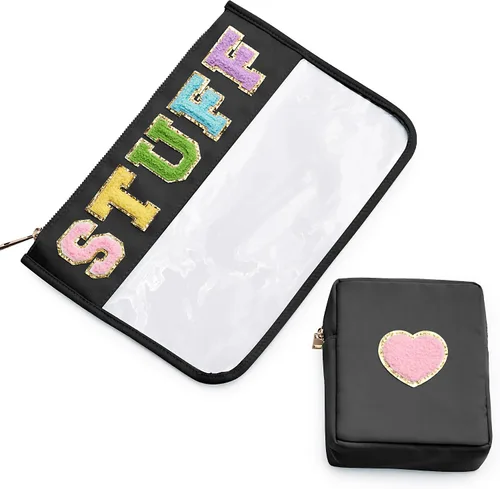 Miniatura 8 de Bolsa con letras de chenilla para viajes, A-Verde menta, Bolsa de maquillaje transparente a