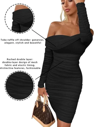 Miniatura 8 de GOKATOSAU Minivestido sexy y elegante para mujer, con volantes, manga larga, hombros descubiertos, fruncido, para fiesta