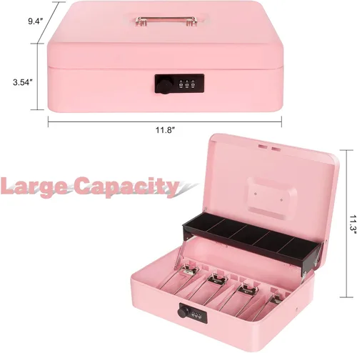 Miniatura 4 de Caja de efectivo con cerradura de combinación, caja de dinero de metal para caja registradora, caja de seguridad grande para dinero 11.8 x 9.4 x
