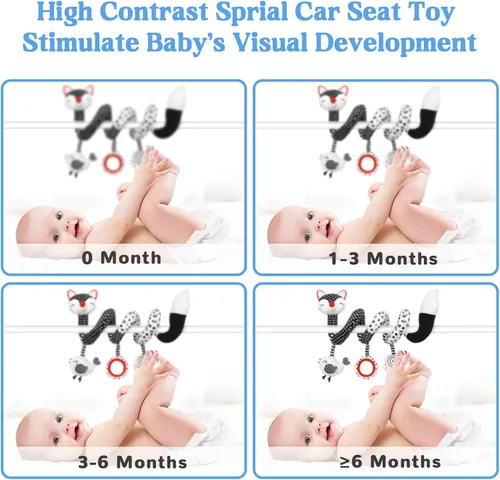 Miniatura 4 de Juguetes de asiento de automóvil para bebés de 0 a 6 meses, juguetes para colgar en el asiento de automóvil, color blanco y negro, juguete de bebé