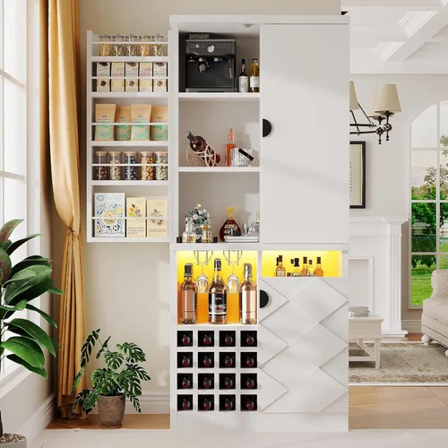 kepptory Gabinete de almacenamiento de despensa de cocina de 72 pulgadas de alto, armario de bar independiente con luz LED RGB, aparador de cocina