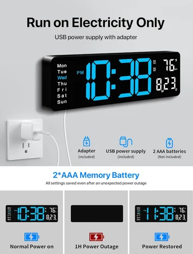 Miniatura 6 de MASHI Reloj de pared digital, reloj digital de pantalla grande de 16 pulgadas con control remoto, reloj de pared con atenuación automática con luz