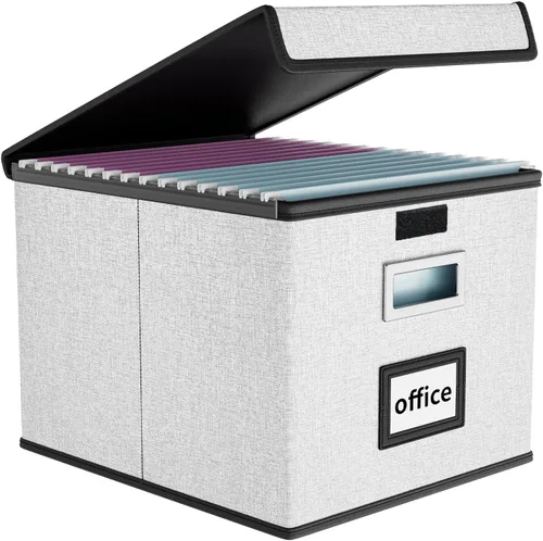 Miniatura 36 de Caja Organizadora de Archivos con Tapa, Caja Organizadora Plegable de Cuero Sintético para Carpetas Colgantes con Rieles de Plástico, Cajas (cuero)