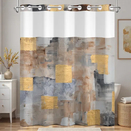 Miniatura 16 de No Hook Geometric Shower Curtain with Snap in Liner - 71″W x 74″L Waterproof Fabric with Mesh Top Window, Modern Abstract Triangle Design Bath