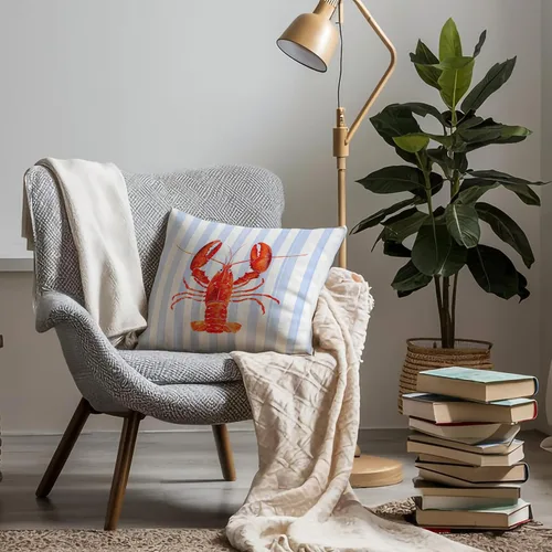 Miniatura 4 de Fundas de almohada costeras de langosta, fundas de almohada náuticas de langosta roja de Nueva Inglaterra con rayas azules y blancas para casa