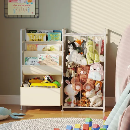 Miniatura 2 de BBLIKE Estantería para niños y almacenamiento de animales de peluche, estantes multifuncionales para libros de guardería con caja de juguetes y Beige