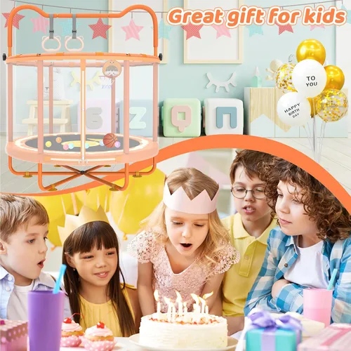 Miniatura 6 de Gardenature Trampolín para Niños de 60" Interior, Mini Trampolín para Niños Pequeños de 5 pies con Aro de Baloncesto, Barra de Gimnasia, Anillos