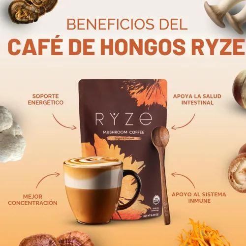 RYZE SUPERFOODS Kit de inicio de café tostado medio de hongos, café instantáneo orgánico USDA con 6 hongos adaptogénicos y para energía,