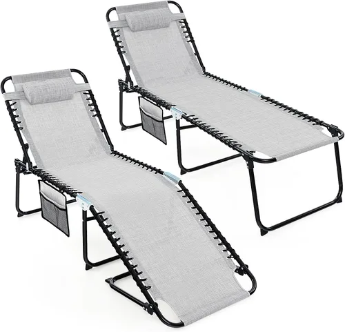 Miniatura 19 de Goplus Tumbona para exteriores, silla de playa plegable extragrande de 5 posiciones con almohada desmontable, bolsillo lateral, silla de bronceado