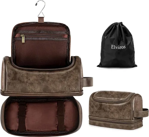 Miniatura 9 de Elviros - Neceser de aseo personal para hombre, organizador de viaje de cuero PU, con gancho para colgar, bolsas de afeitado para el baño de gran