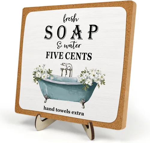 Miniatura 17 de Placa decorativa de baño, divertida placa de escritorio de madera con la vida es como el baño, letrero rústico para estante de casa de campo