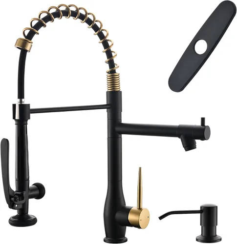 Miniatura 10 de GIMILI Grifo de cocina negro y dorado con rociador desplegable Grifo de fregadero de cocina de alta presión de una sola manija Grifos de cocina
